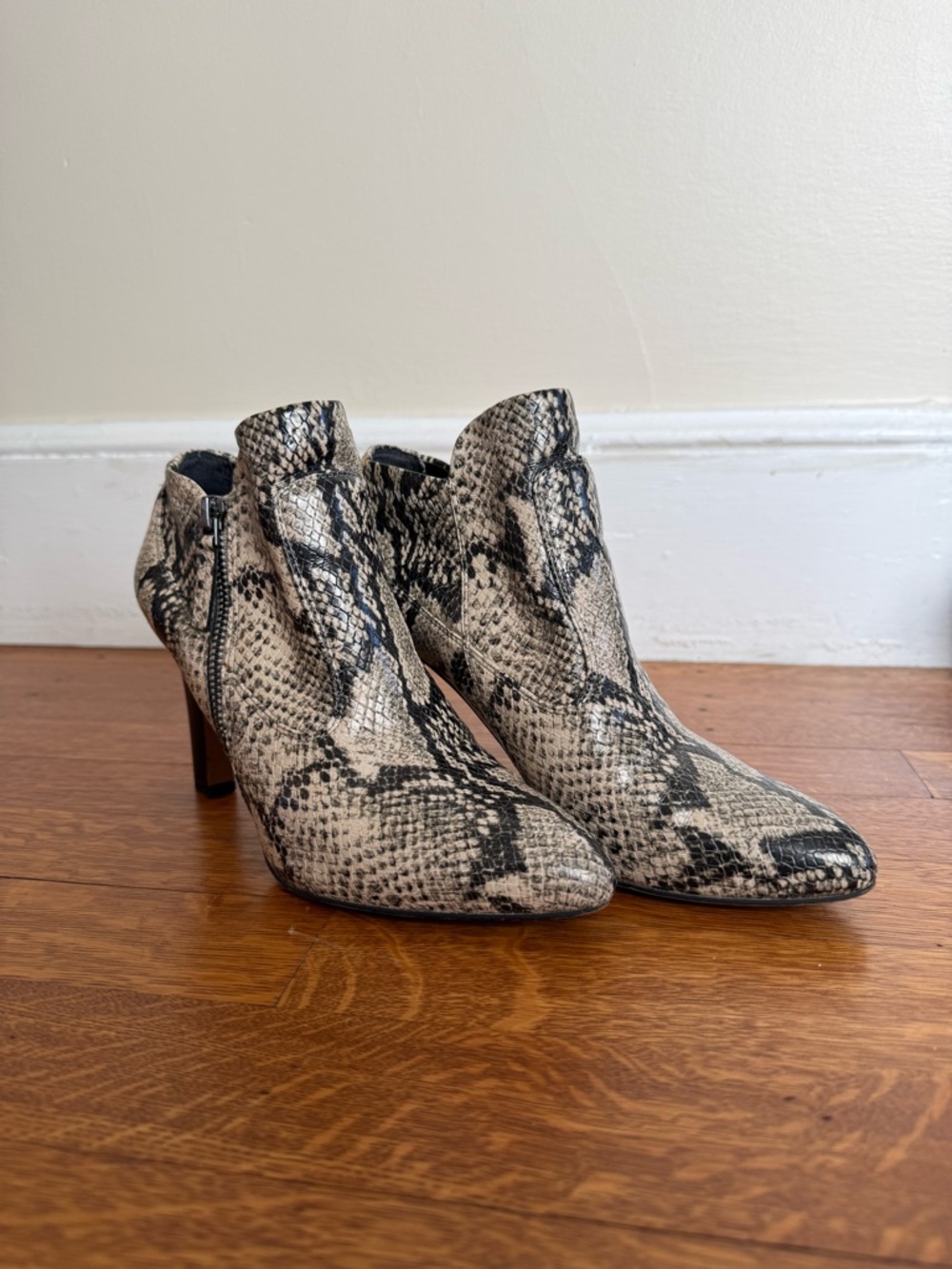 Franco Sarto Snake-Print Pointed Ankle Booties in Beige and Black